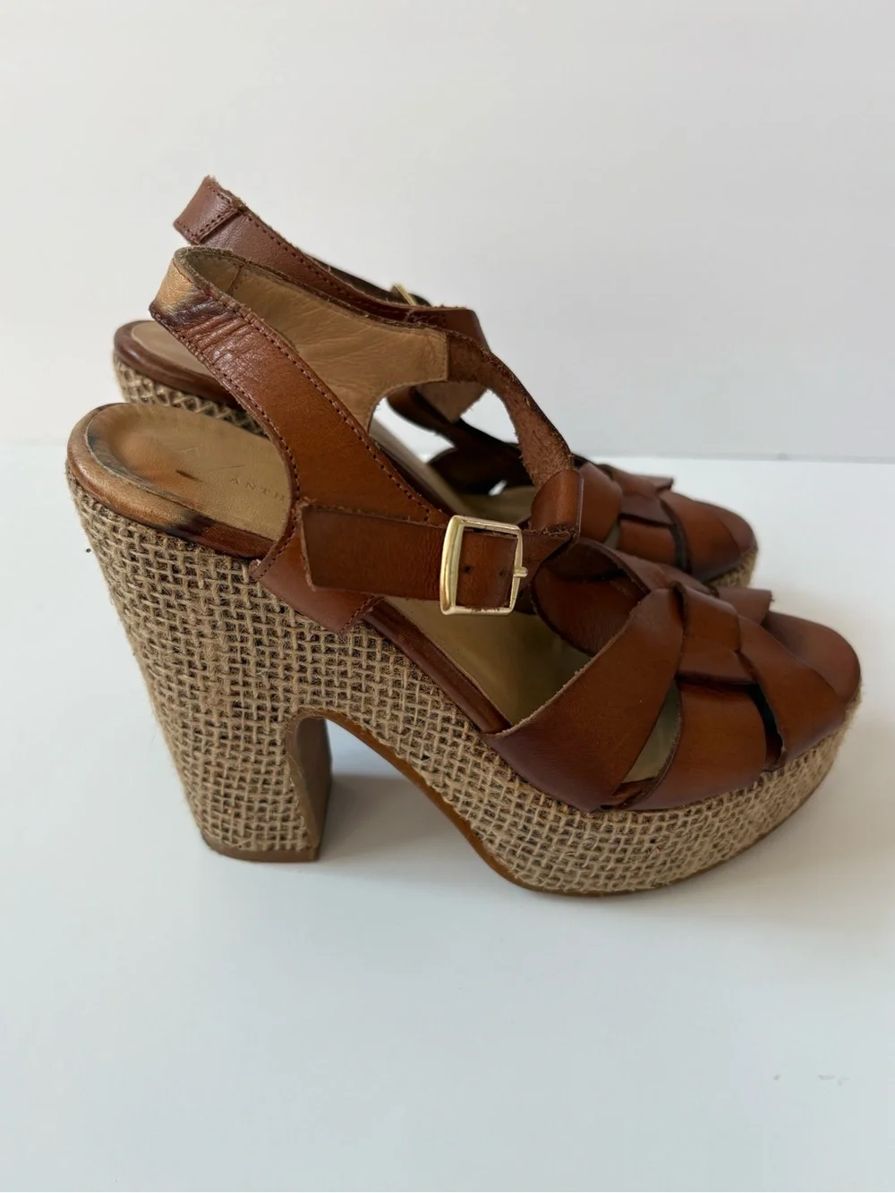 Anthropologie Brown Leather Woven Platform Sandals 7 T-Strap Preppy Academia